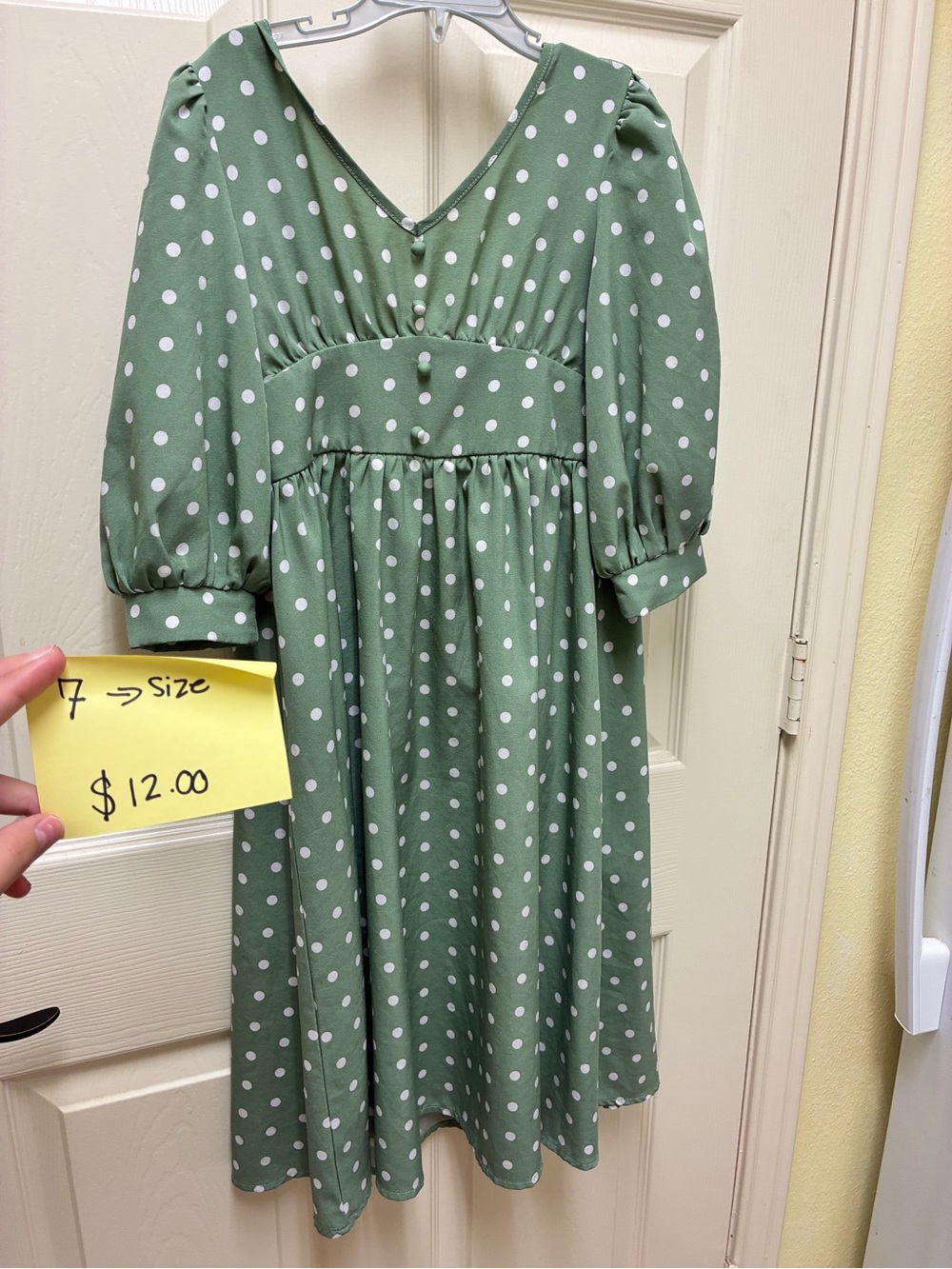 Girls' Sage Green Polka Dot Dress with Puff Sleeves